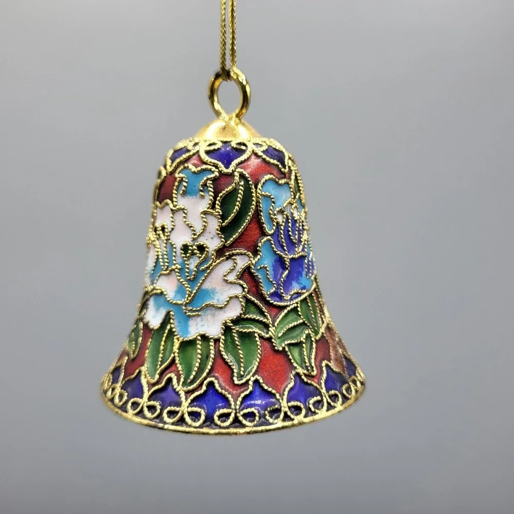 Cloisonne Bell Ornament Floral Enamel Filigree Blue Red Gold Holiday Decor